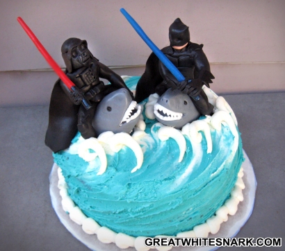 Batman Lightsaber Fighting Darth Vader on Sharks Cake